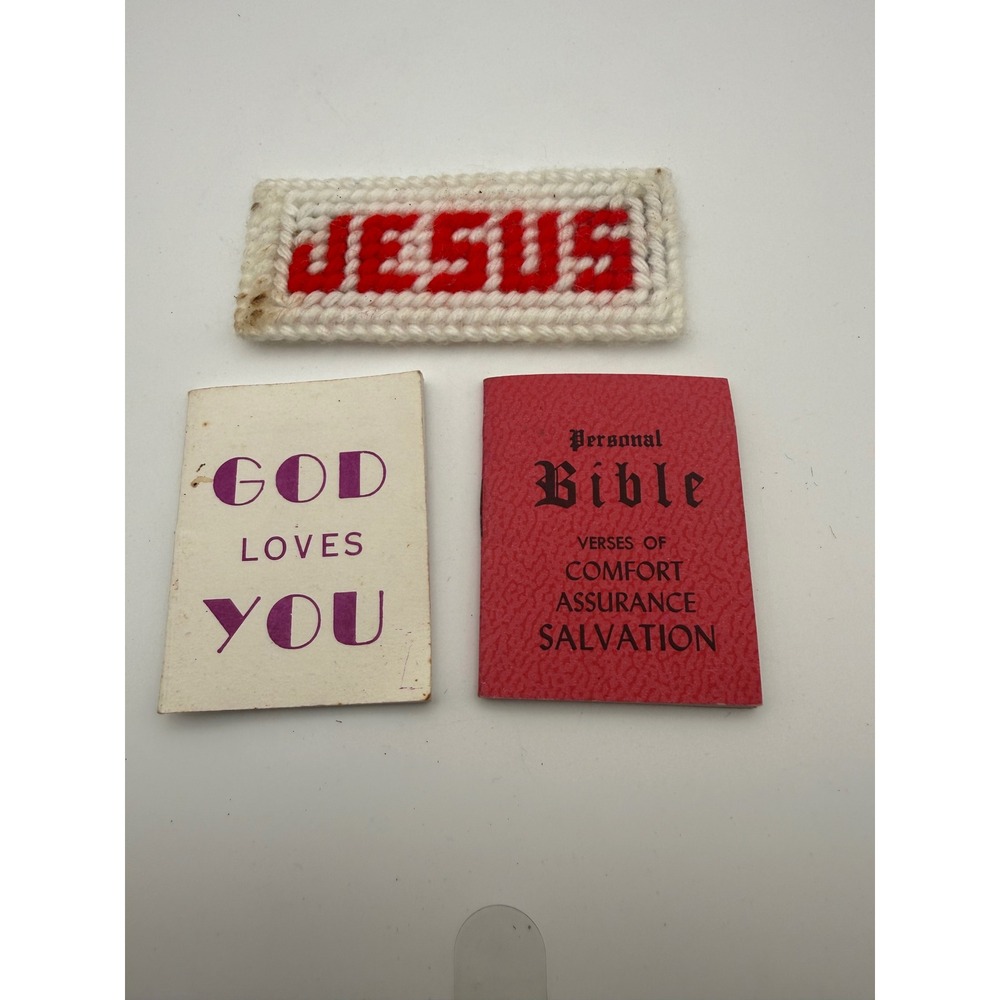 Vintage Jesus Needlepoint Patch and Mini Religious Booklets God Loves You Set